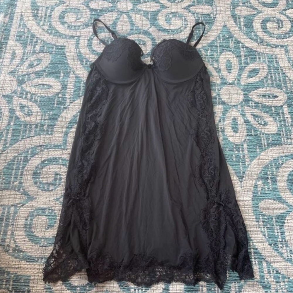 Victoria's Secret Black Lace Babydoll Lingerie Chemise Dress - Size 34B